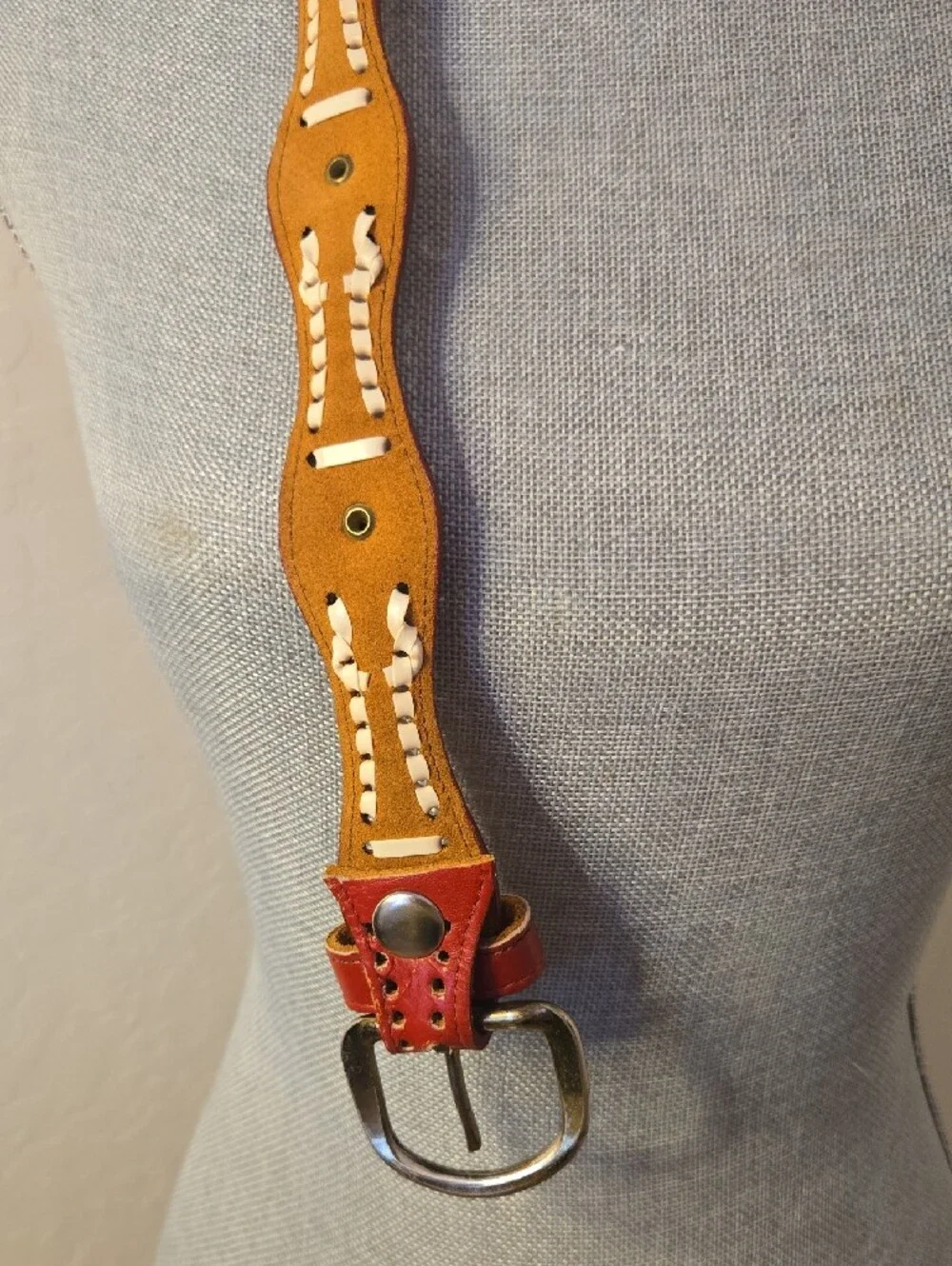 Women's Red Leather Decorative Belt with Silver Conchos